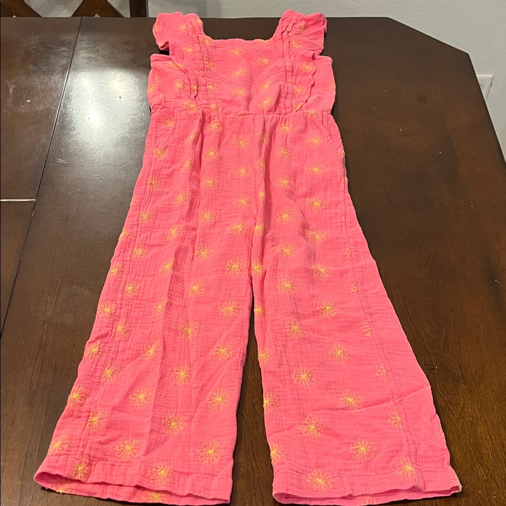 Pink Kids Jumpsuit with Yellow Embroidery Flowers Patterns
